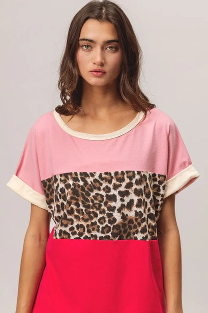 Leopard Printed Jersey Color Block Roll Up - Billien