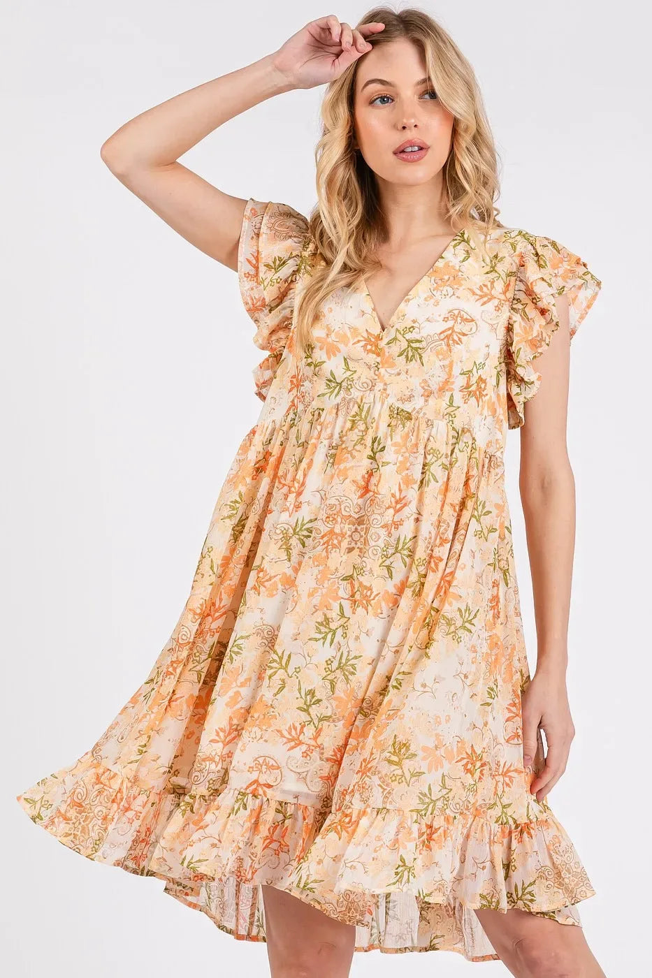 Floral Chiffon Ruffle Short Sleeve Mini Dress - Billien
