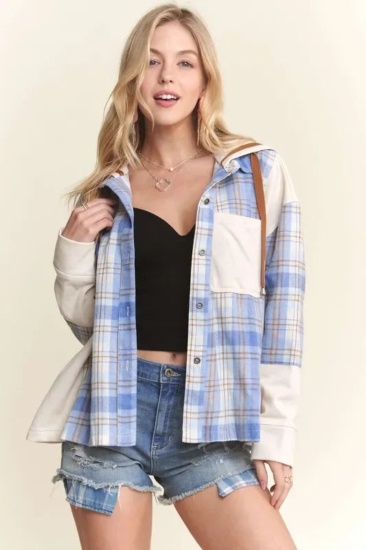 Button Down Plaid Hoodie Shacket - Billien
