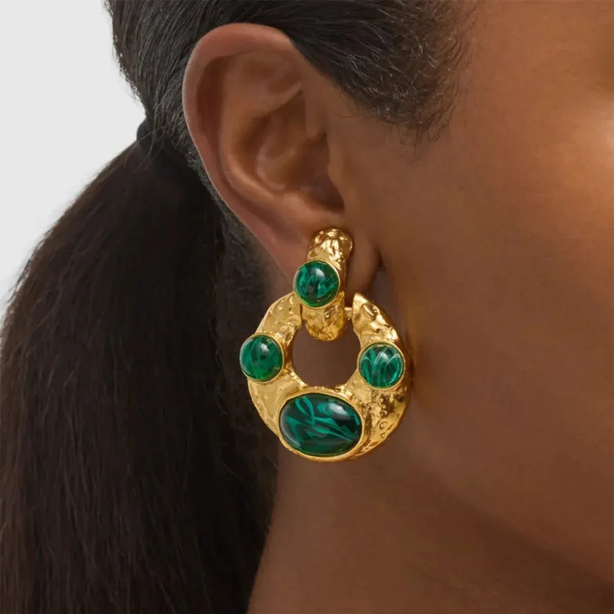 18K gold U-shaped inlaid gemstone with texture design high-end earrings - Billien