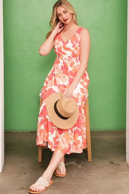 Floral Print V-Neck Midi Dress - Billien