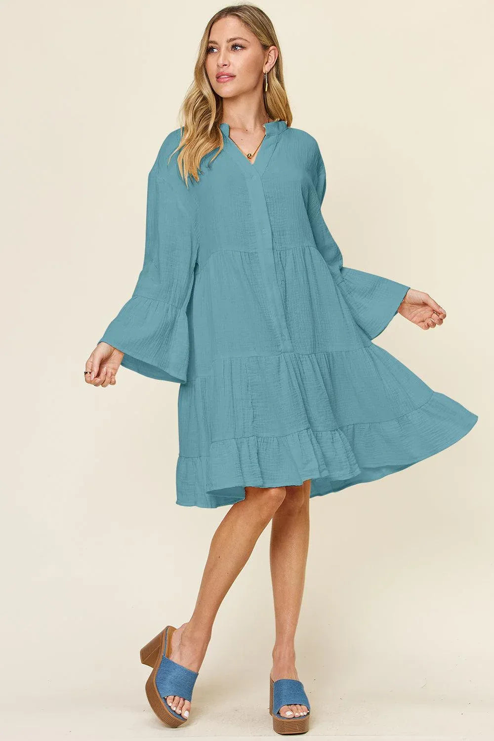Texture Button Up Ruffle Hem Dress - Billien