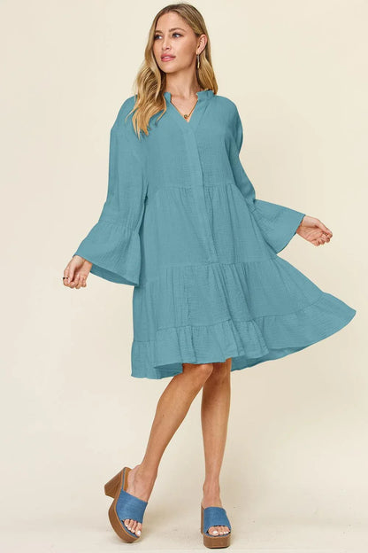 Texture Button Up Ruffle Hem Dress - Billien