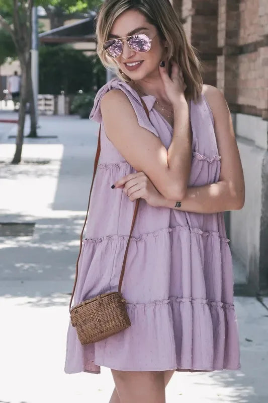 Polka Dot Textured Layered Flounce Ruffle Dress - Billien