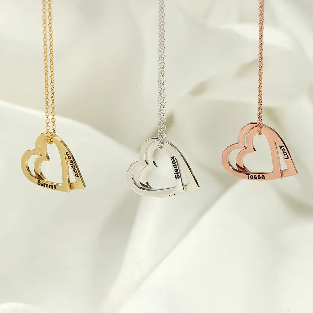 Exquisite and Noble Double Heart Interlocking Customizable Name Design Versatile Necklace - Billien