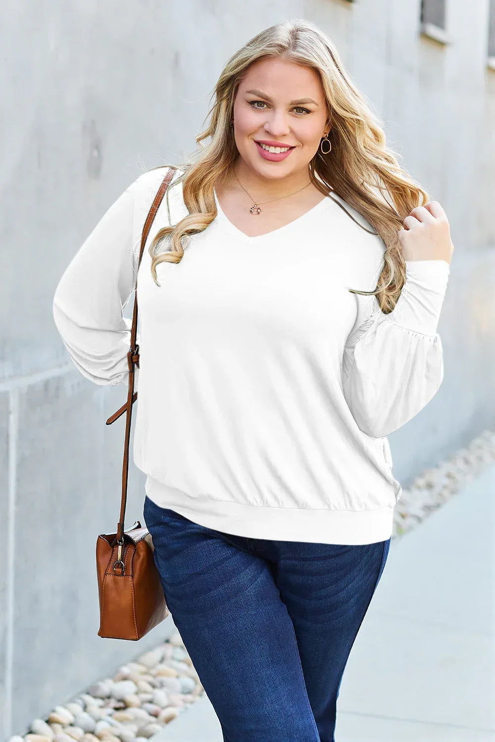 Full Size V-Neck Lantern Sleeve Top - Billien