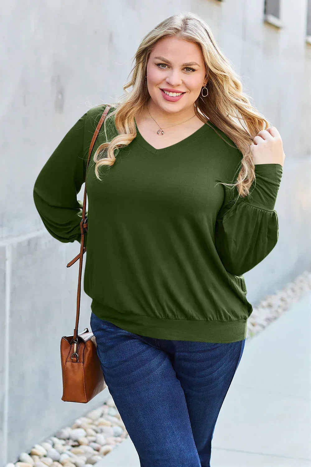 Full Size V-Neck Lantern Sleeve Top - Billien