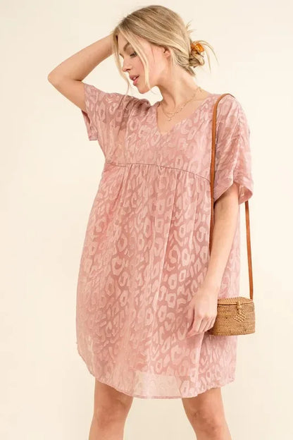 Woven Leopard Baby Doll Roll-Sleeve Casual Dress - Billien