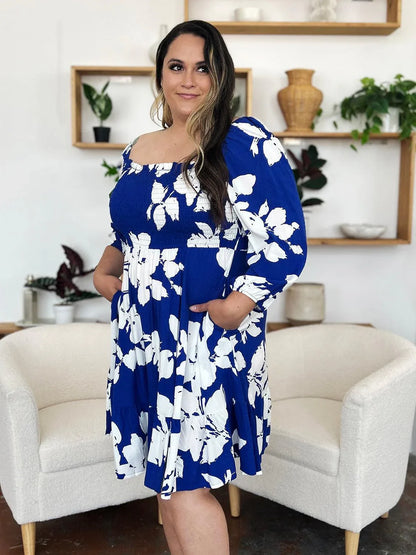 Floral Ruffle Hem Smocked Dress with Pockets - Billien