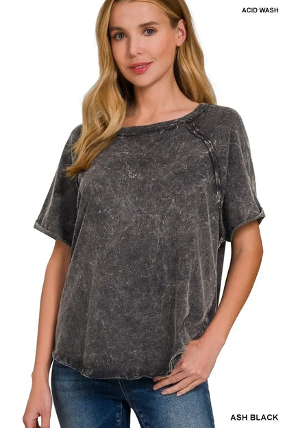 Back Patch Crinkle Washed Raglan Sleeve T-Shirts - Billien
