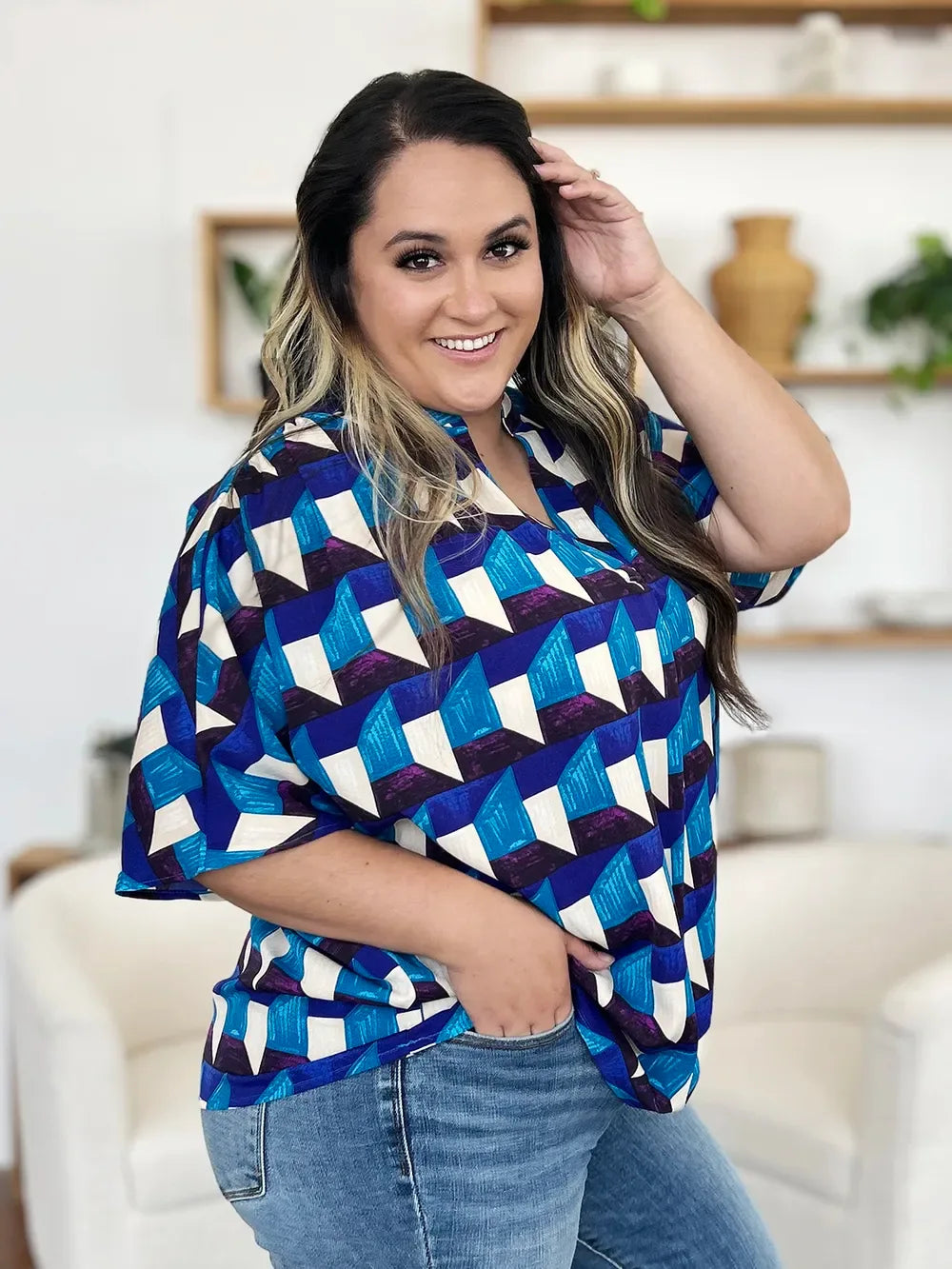 Full Size Geometric Notched Half Sleeve Blouse - Billien