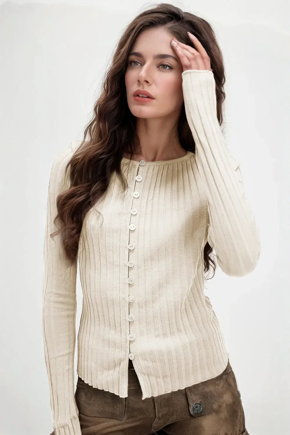 Texture Button Up Round Neck Long Sleeve Top - Billien