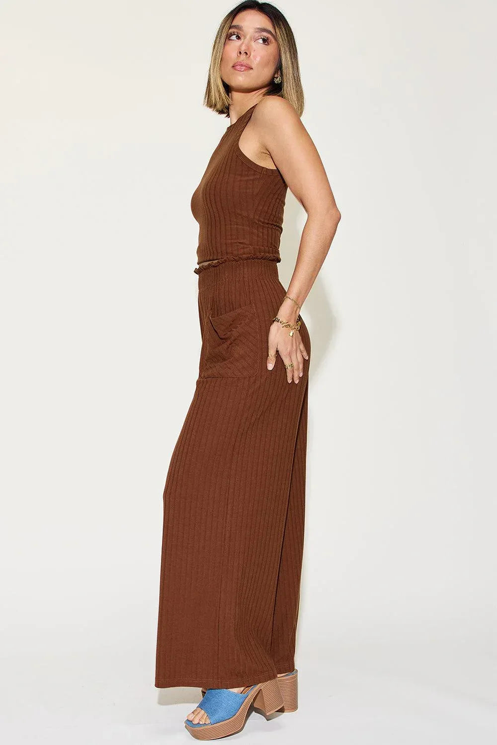 Basic Bae Full Size Ribbed Tank and Wide Leg Pants Set - Billien