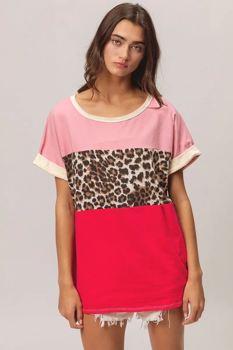 Leopard Printed Jersey Color Block Roll Up - Billien