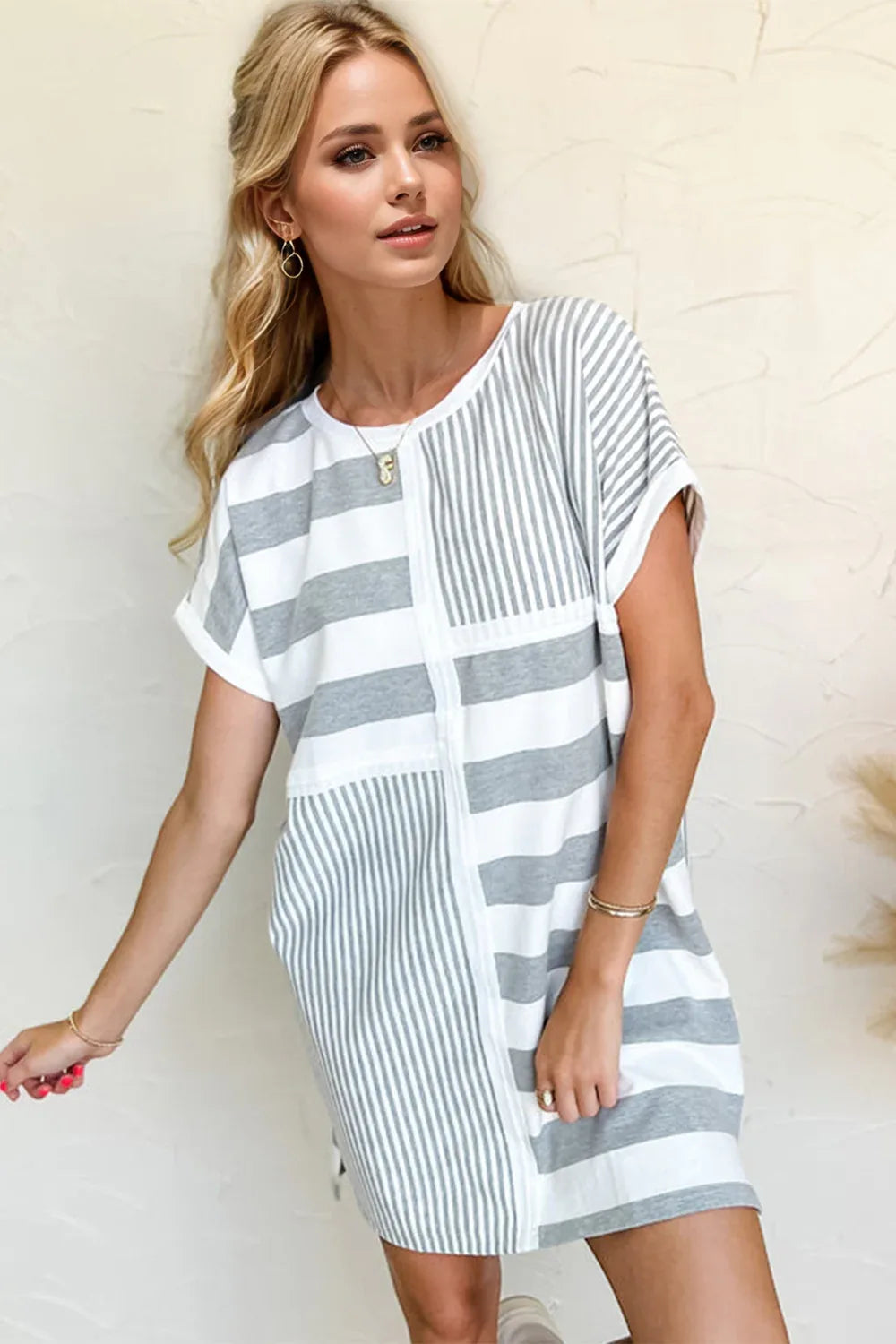 Striped Round Neck Short Sleeve Mini Tee Dress - Billien