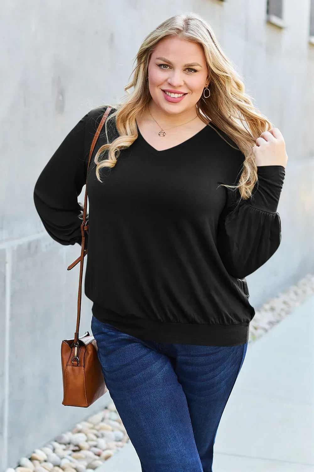 Full Size V-Neck Lantern Sleeve Top - Billien