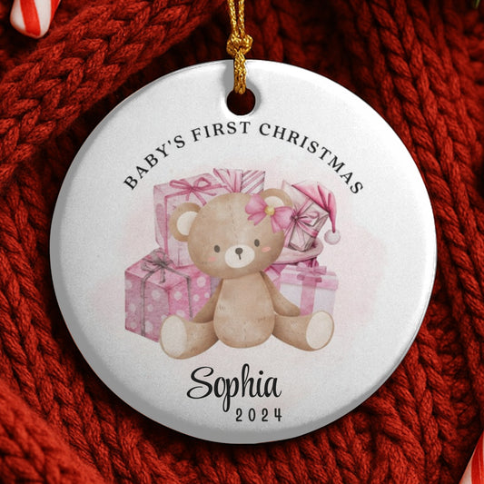 Baby's First Christmas Teddy Bear Bauble | Personalised Xmas New Arrival Ceramic Hanging Tree Decoration | Name, Custom Colours